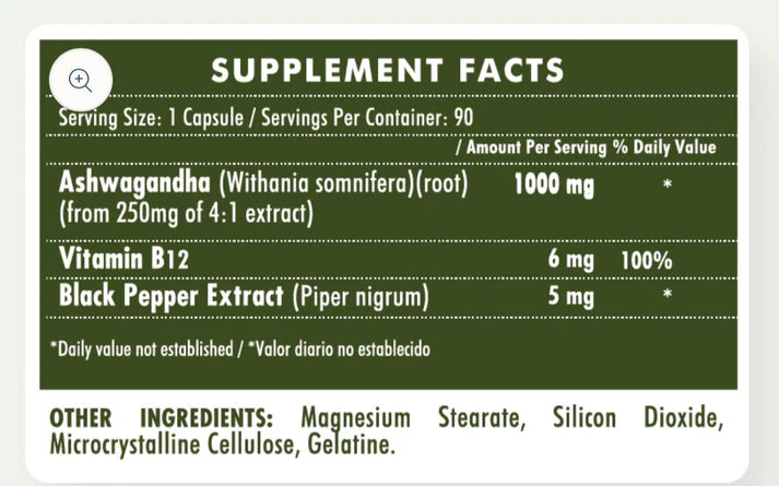 ASHAWAGANDA (GINSENG INDIO) + B12 X 90 CAPSULAS
