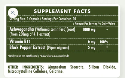 ASHAWAGANDA (GINSENG INDIO) + B12 X 90 CAPSULAS